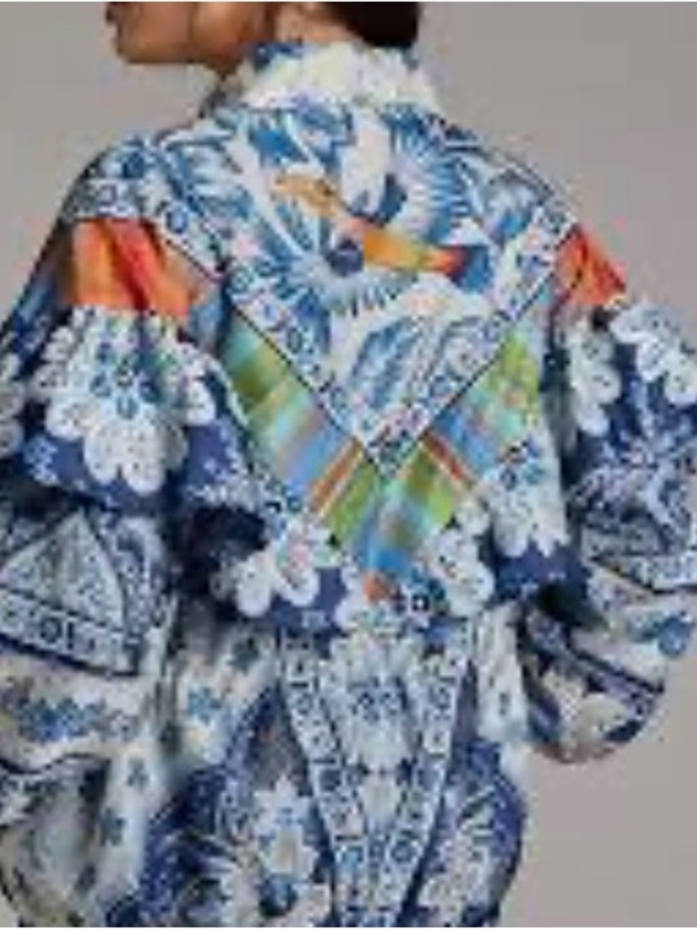 FARM Rio Blue Floral Patchwork Trench Coat with Multicolor Accents